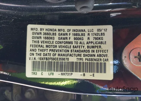 2012 Honda Civic Lx z USA, uszkodzony, nr VIN 19XFB2F59CE359670